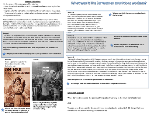 First World War - Women and munitions source sheet | Teaching Resources