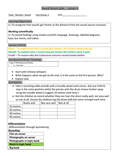 SCIENCE: Sound planning and worksheets for Y4 topic