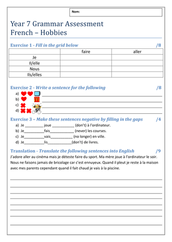 French Grammar Assessment & Translation - Hobbies