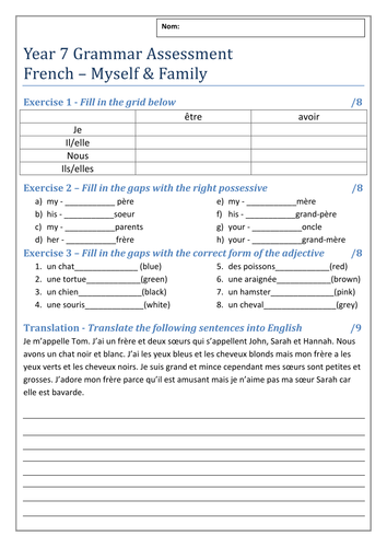 French Myself & Family - Grammar Assessment and Translation