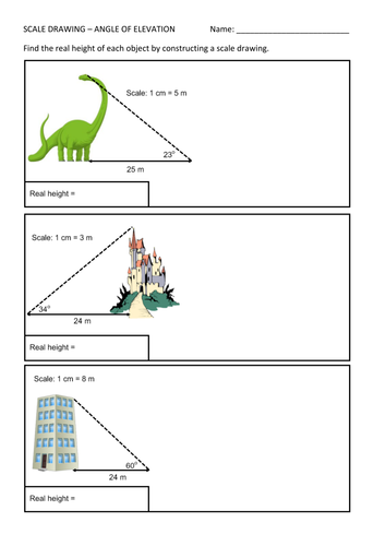 Angle of elevation / scale drawing worksheet | Teaching Resources