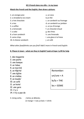 KS 3 French en ville au snack bar in town and at the snack bar cover work pack