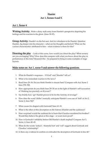 Hamlet Act 1 Scenes 4 and 5 Questions and Activities
