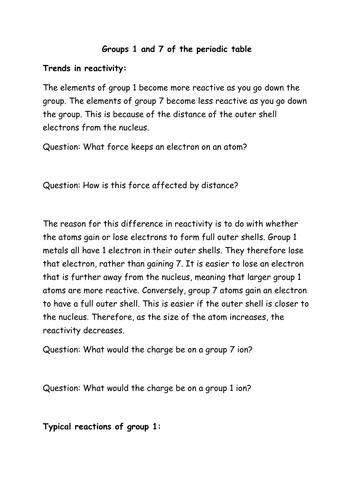 C3 AQA groups 1 and 7 self study worksheet