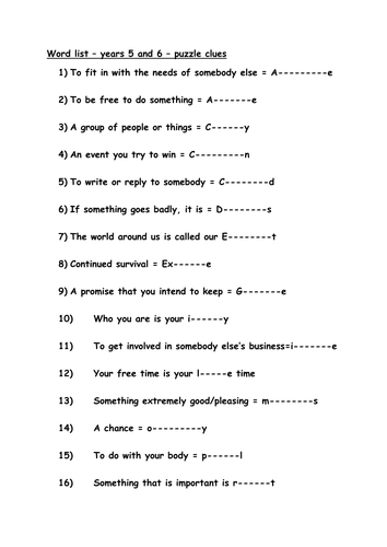 Word list puzzle for Year 5 and 6 - part 1