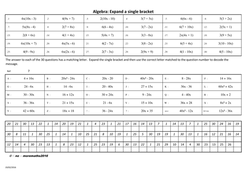 Algebra: Expand a single bracket to decode the message.