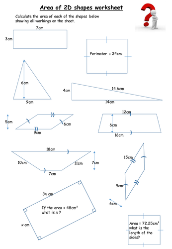 Area of 2D Shapes Worksheet - with answers by KeithEllingham - Teaching