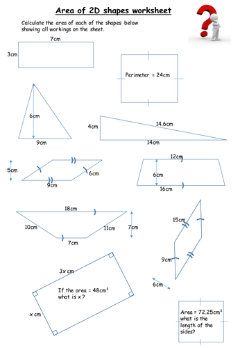 Area of 2D Shapes Worksheet - with answers