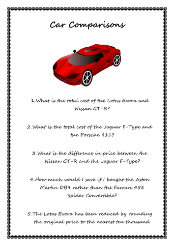 Addition, Subtraction and Rounding of Large Numbers - Car Comparisons