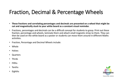 Fraction, Decimal and Percentage Wheels