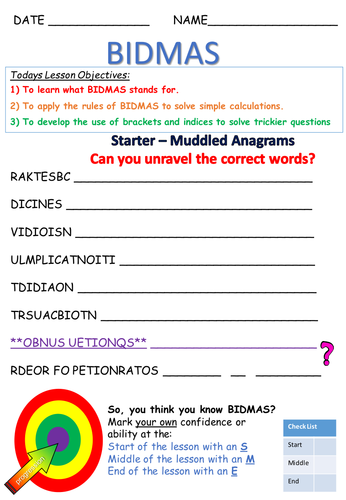 bidmas ks3 year 7 8 teaching resources