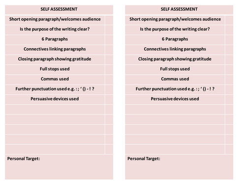 Transactional Writing Self Assessment Sheets 