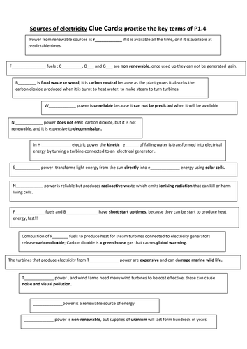 AQA P1.4 sources or energy to generate electricity