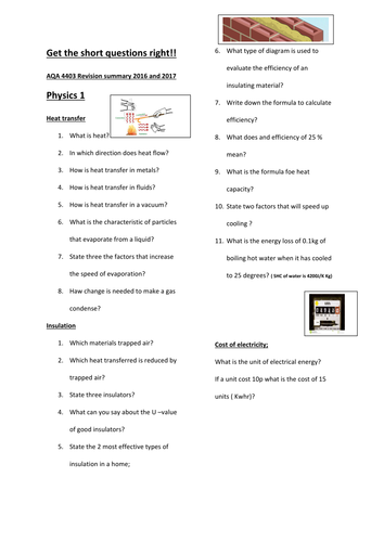 AQA Physics 4403; 2016, final 2017 exams  revision AO1 questions 