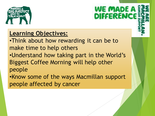 Macmillan Cancer- coffee morning assembly