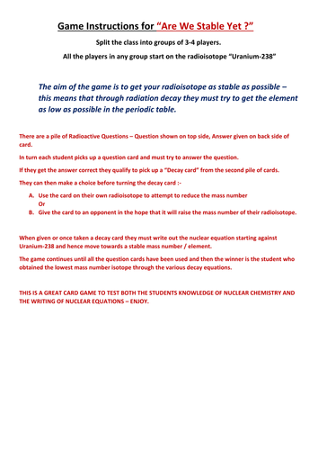 "ARE WE STABLE YET ?" - NUCLEAR CHEMISTRY CARD GAME