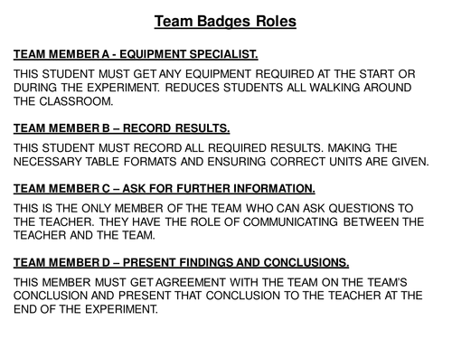 "STUDENT ID TASK BADGES " - SPECIFIC TASK ROLES FOR GROUP PRACTICAL WORK