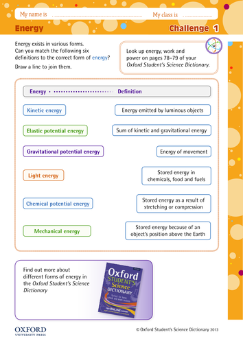 Science worksheet: energy definitions (PDF) | Teaching Resources