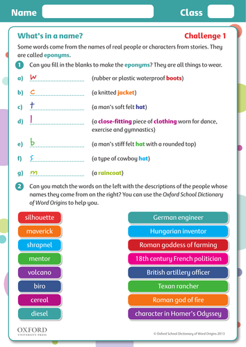 Word origins: eponyms worksheet (PDF) | Teaching Resources