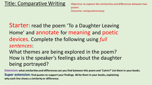 Outstanding English Lesson.  Comparative Writing in Poetry