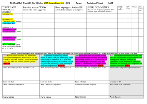 Art & Design AFL Mark/Tracking Sheet 