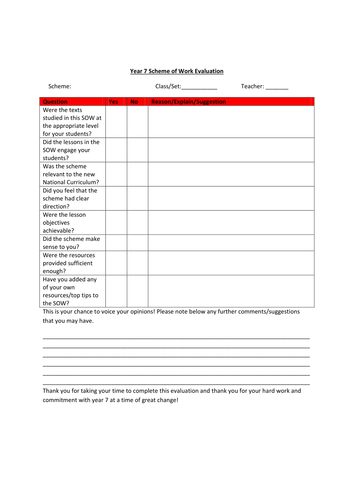 Scheme of Work Evaluation 