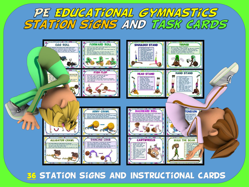 PE Educational Gymnastics Station Signs and Task Cards- 36 Signs and Cards
