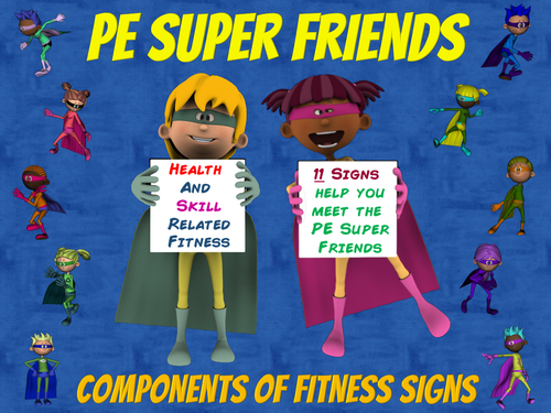 PE Super Friends- 11 Health and Skill Related Components of Fitness Signs