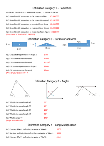 Numeracy and Estimation revision activity