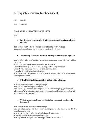 OCR AS Feedback sheet 