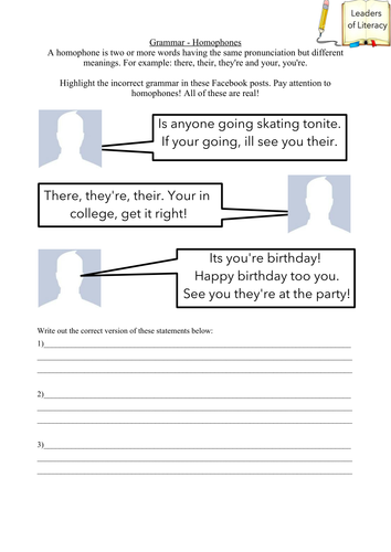 Facebook Grammar &  Homophones Worksheet