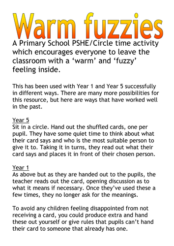 Warm fuzzies PSHE Circle time game