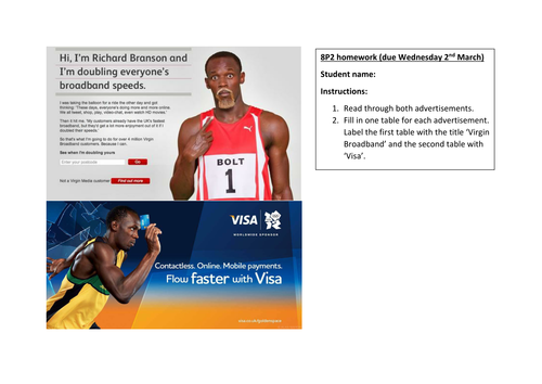 Advert comparison homework | Teaching Resources
