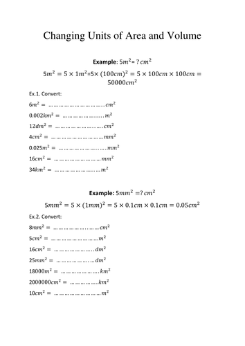 Changing squared and cubic units of area and volume with answers