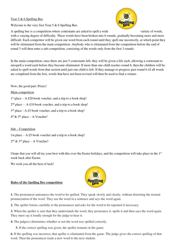 Year 5 and 6 Spelling Bee Letter template and words