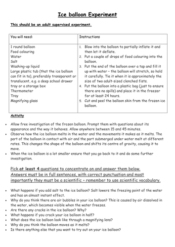 ice balloon experiment worksheet