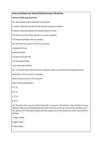 Acid Bases IGCSE Chemistry Worksheet and Ans Key
