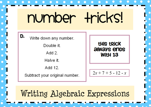 Number Tricks: Writing Algebraic Expressions Activities