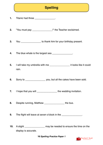 Y6 SATs  Style Spelling Practice Paper 1
