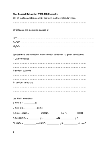 Mole calculation (molar mass, molar volumes, limiting reagent) Worksheet_IGCSE_Chemistry 