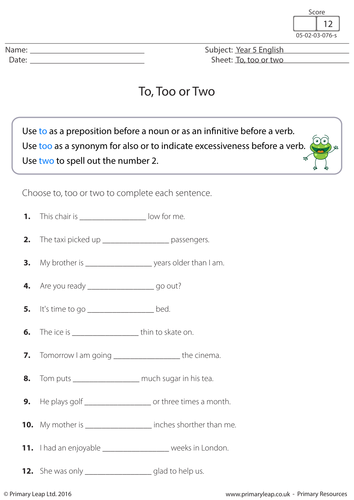 To Too Or Two Teaching Resources