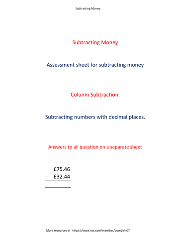 Subtracting money worksheet with decimal column substraction. Pack #1 (36 Questions with Answers)
