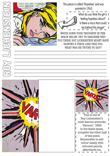 Roy Lichtenstein Pop Art Worksheet with Literacy task.
