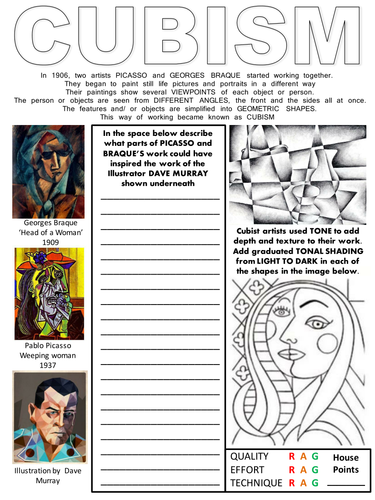 cubism worksheet with literacy and assessment box