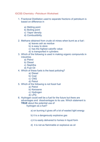 IGCSE Chemistry Petroleum refining Worksheet