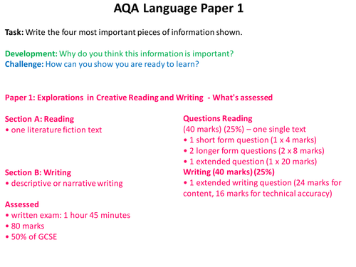 AQA - English Language - Paper 1 - 18 Lesson Sequence