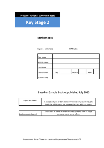 KS2 Sample Arithmetic Paper.  36 Questions