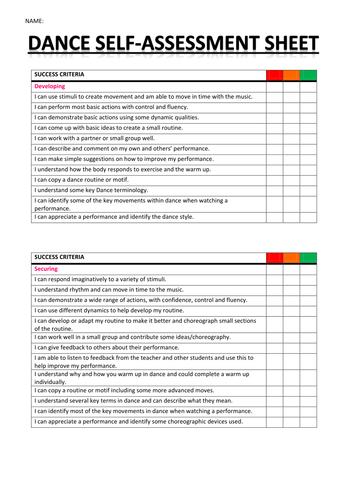 KS3 Dance Self-Assessment Sheet