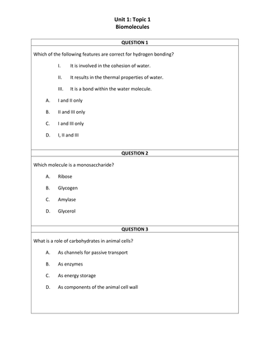 Biology A level MCQs and answers (Unit 1)