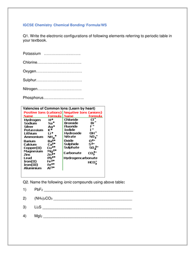 Chemical Bonding_Worksheet_IGCSE_Chemistry and Ans Key